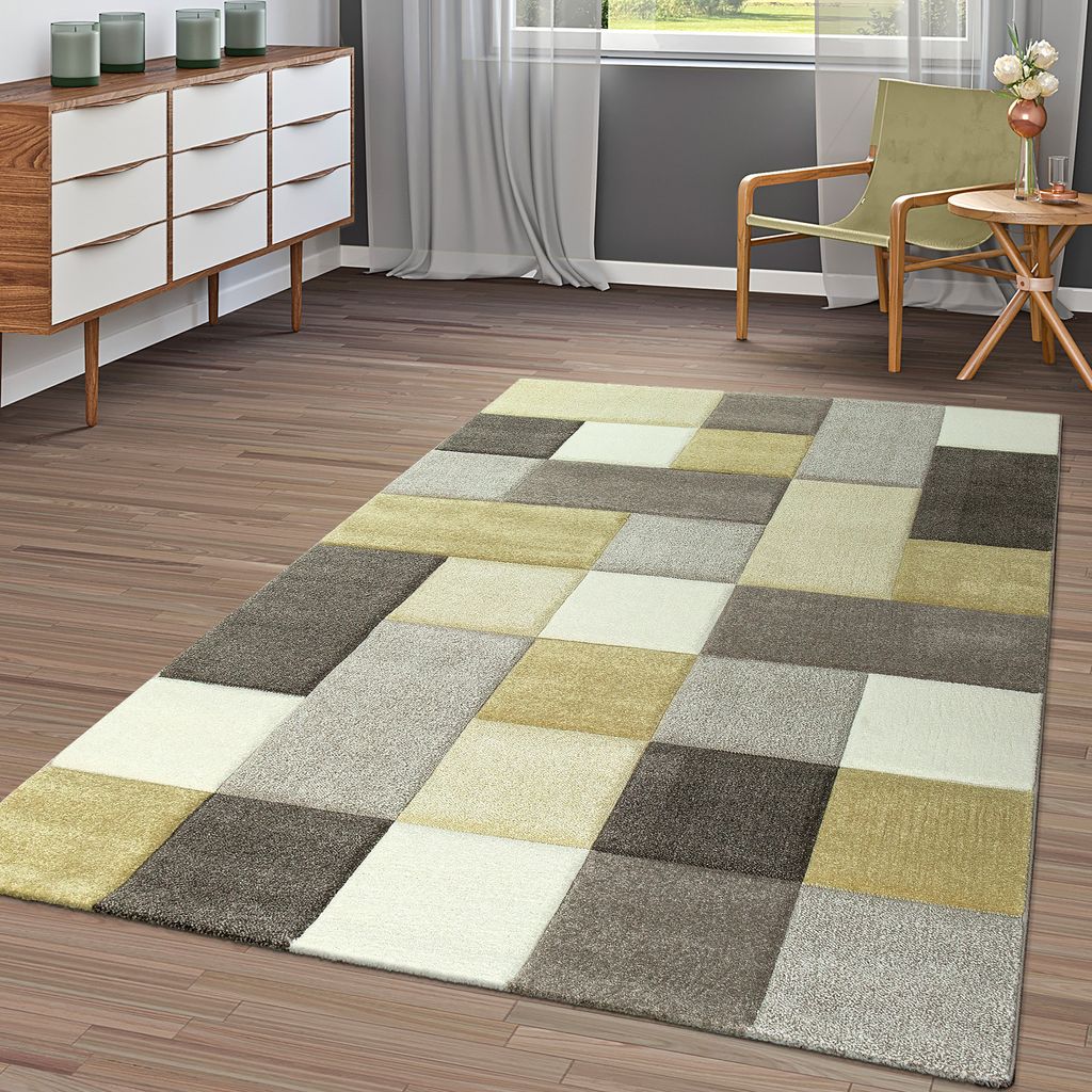 TT Home Moderner Kurzflor Teppich Wohnzimmer Konturenschnitt Kariert Pastell Beige Gelb Größe 80x300 cm
