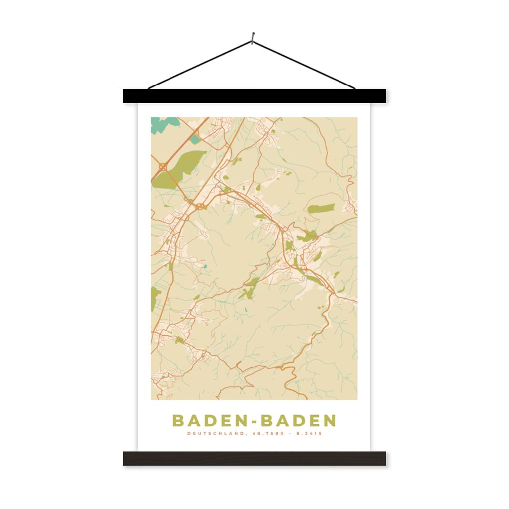 MuchoWow Textilposter Baden-Baden - Jahrgang - Karte - Stadtplan 120x180 cm mit schwarzem Rahmen - Fotos