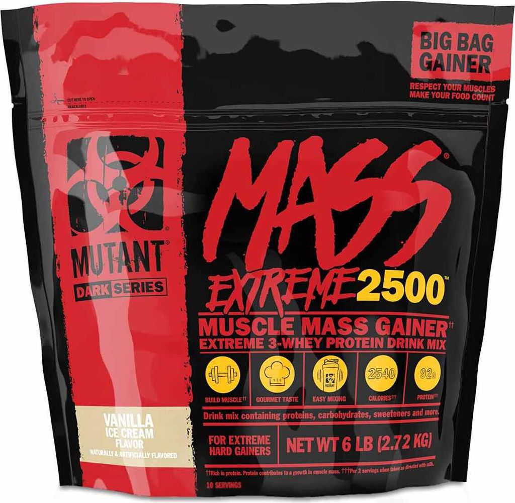 A bag of Mutant Mass XXXtreme 2500 muscle mass gainer.