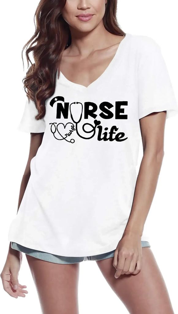 Damen Grafik T-Shirt V-Ausschnitt Leben als Krankenschwester – Nurse Life – Öko-Verantwortlich Vintage Jahrgang Kurzarm Lustige Druck Geburtstag