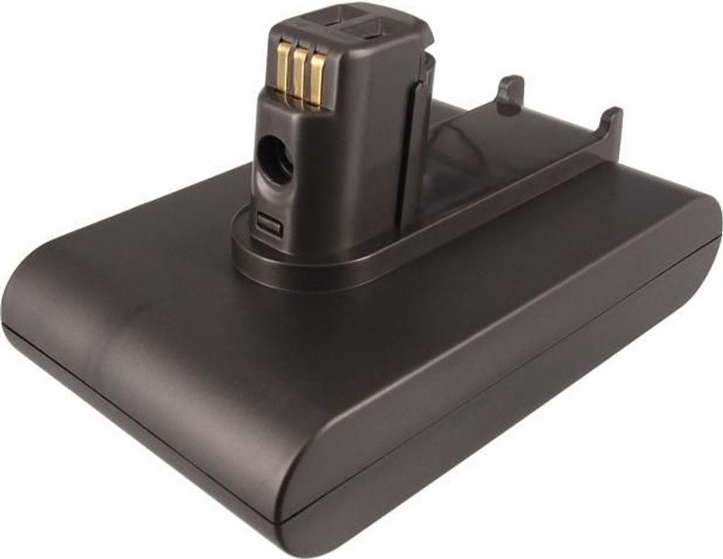 A close-up shot of a black rechargeable battery pack with gold connectors.