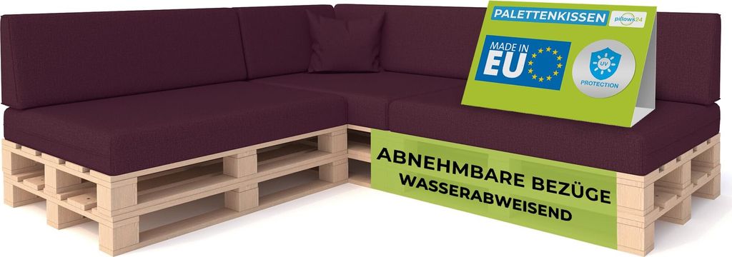 Pillows24 - Palettenkissen mit abnehmbarem Bezug - 8ER SET | Polster für Europaletten 120x80 Sofa - Wasserfest - Outdoor/Indoor | Pflaume