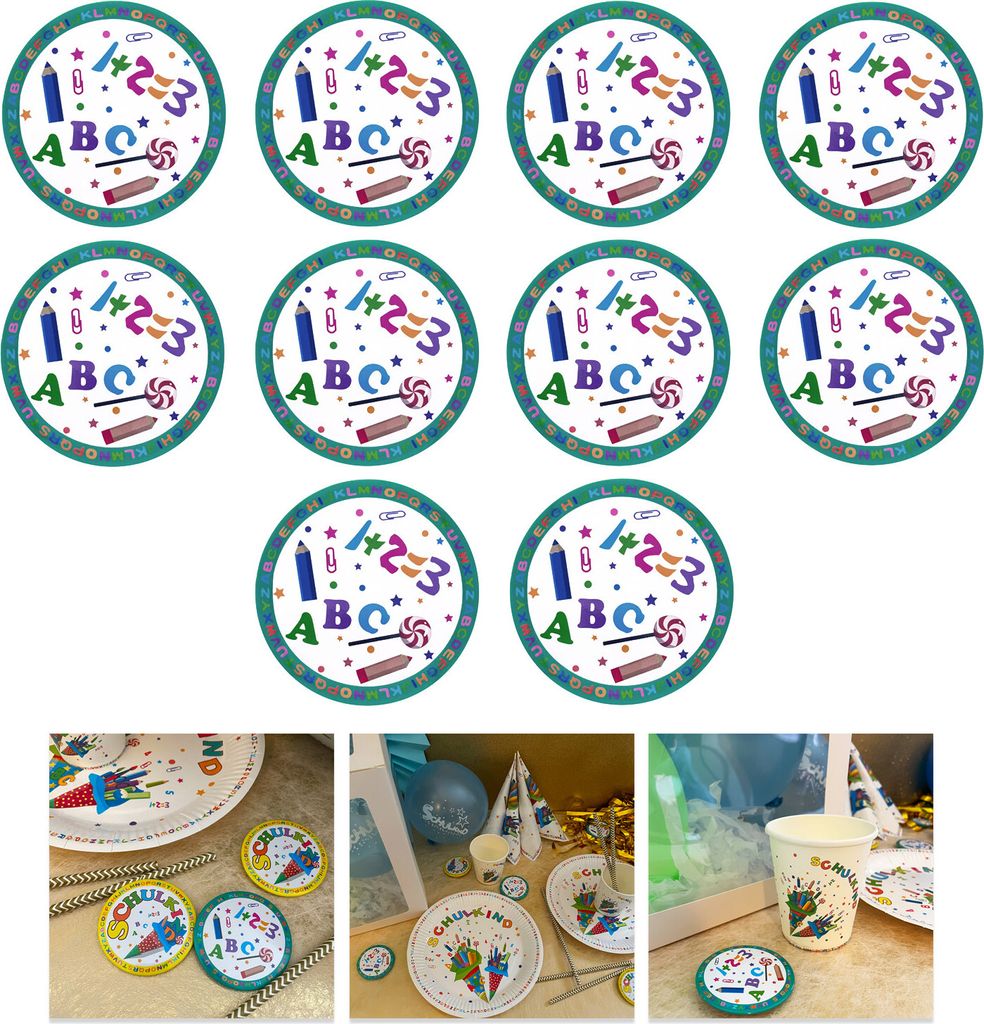 Oblique Unique 10x Buttons mit Schulkind Zahlen ABC Stift Zuckertüte Motiven Anstecker für Schuleinführung Einschulung - blau