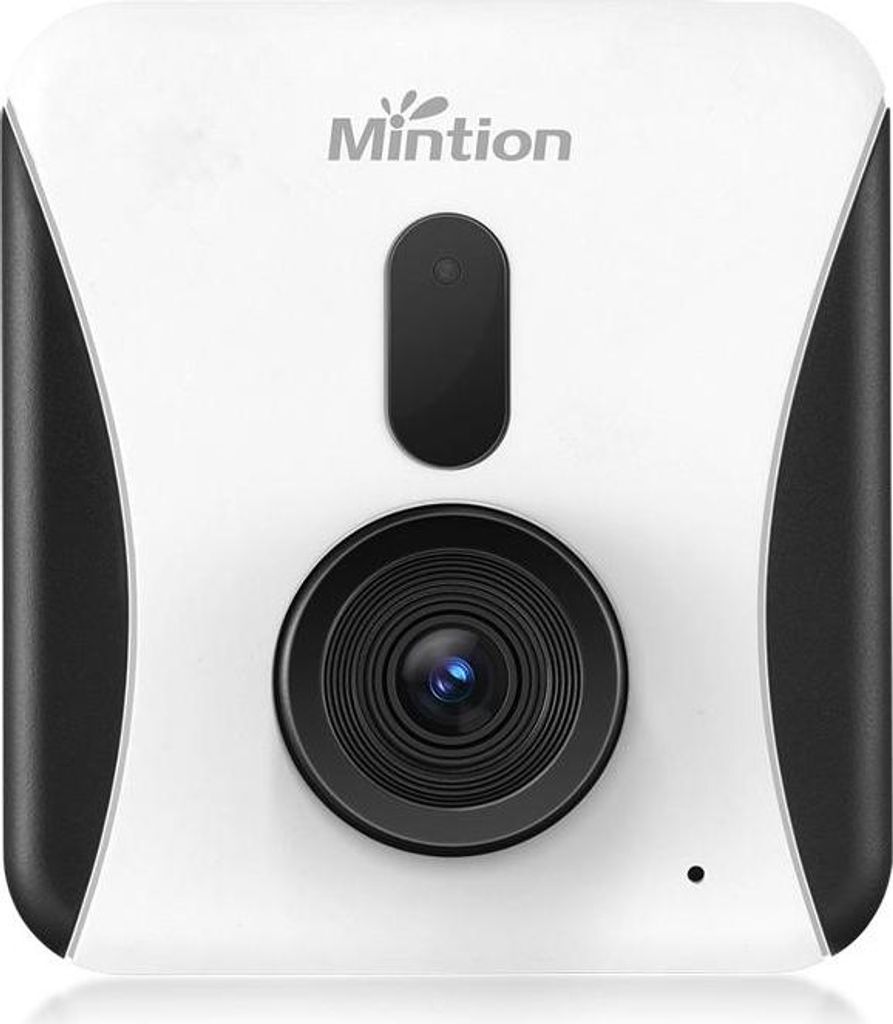 A white and black camera with a lens and a logo.