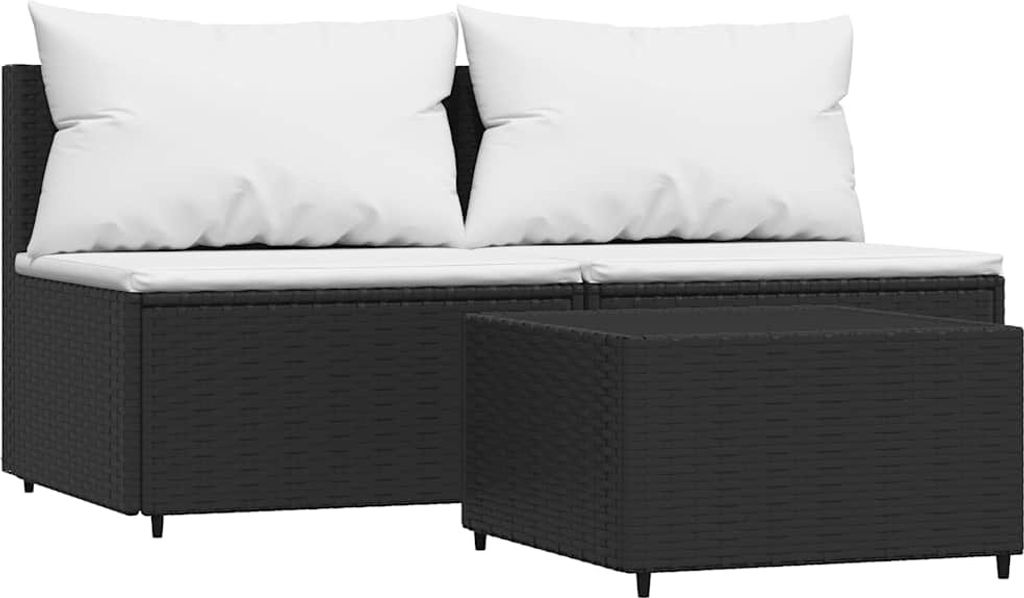 vidaXL 3-tlg. Garten-Lounge-Set mit Kissen Schwarz Poly Rattan