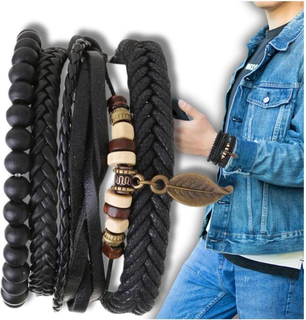 Camerazar Set de bracelets en cuir pour hommes avec perles Image du produit 
