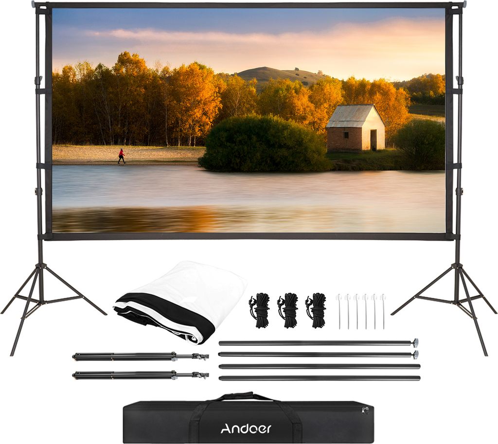 Tragbare Projektionsleinwand von Andoer mit Staender, 150-Zoll-Projektionsleinwand fuer den Innen- und Aussenbereich, Filmleinwand mit Staender, Tr...