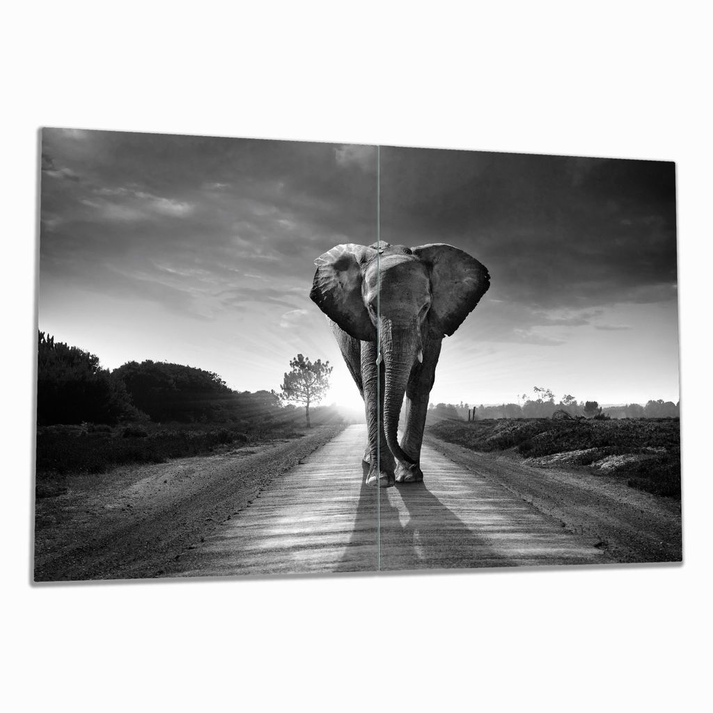 Wallario Herdabdeckplatte aus Glas, Größe 80 x 52 cm 2-teilig, Motiv Elefant bei Sonnenaufgang in Afrika schwarzweiß