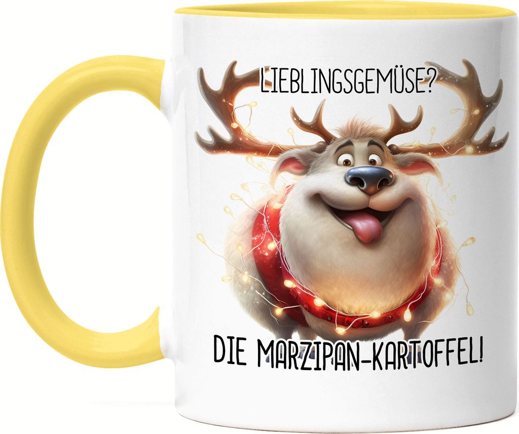 Lieblingsgemüse Marzipankartoffel Lustiges Rentier Julklapp Geschenk Tasse Gelb Lichterkette Adventsgeschenk
