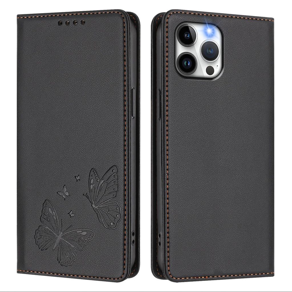 Lederhülle für iPhone 12 Pro Max, Schmetterling Prägung Leder Brieftasche Schutzhülle mit Ständer Schwarz