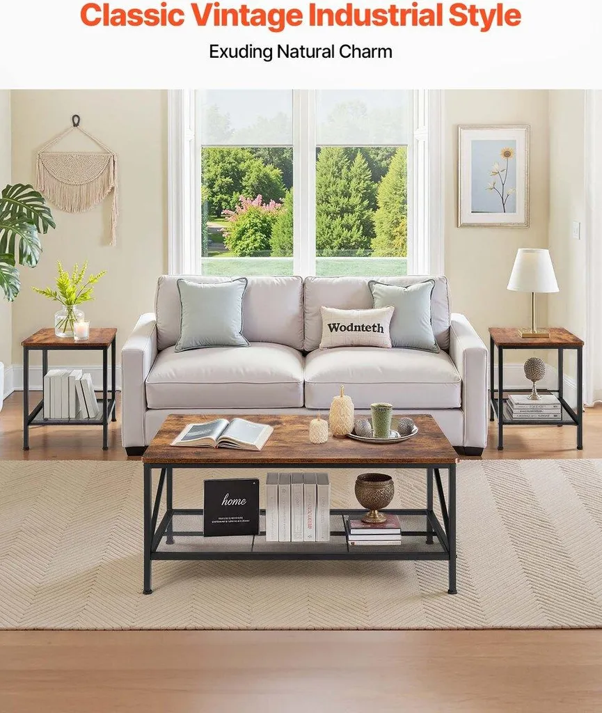 Table basse de 105 cm et 2 tables d'appoint en bois pour salon moderne
