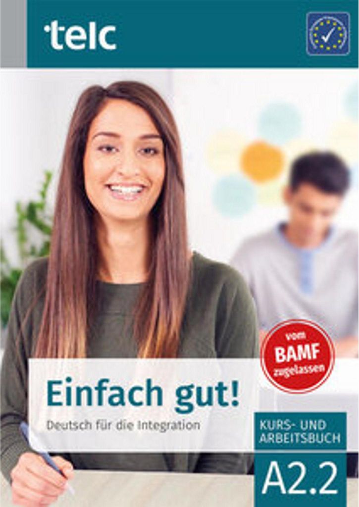 Cover of a German language learning book for integration, featuring a smiling woman and another person in the background.