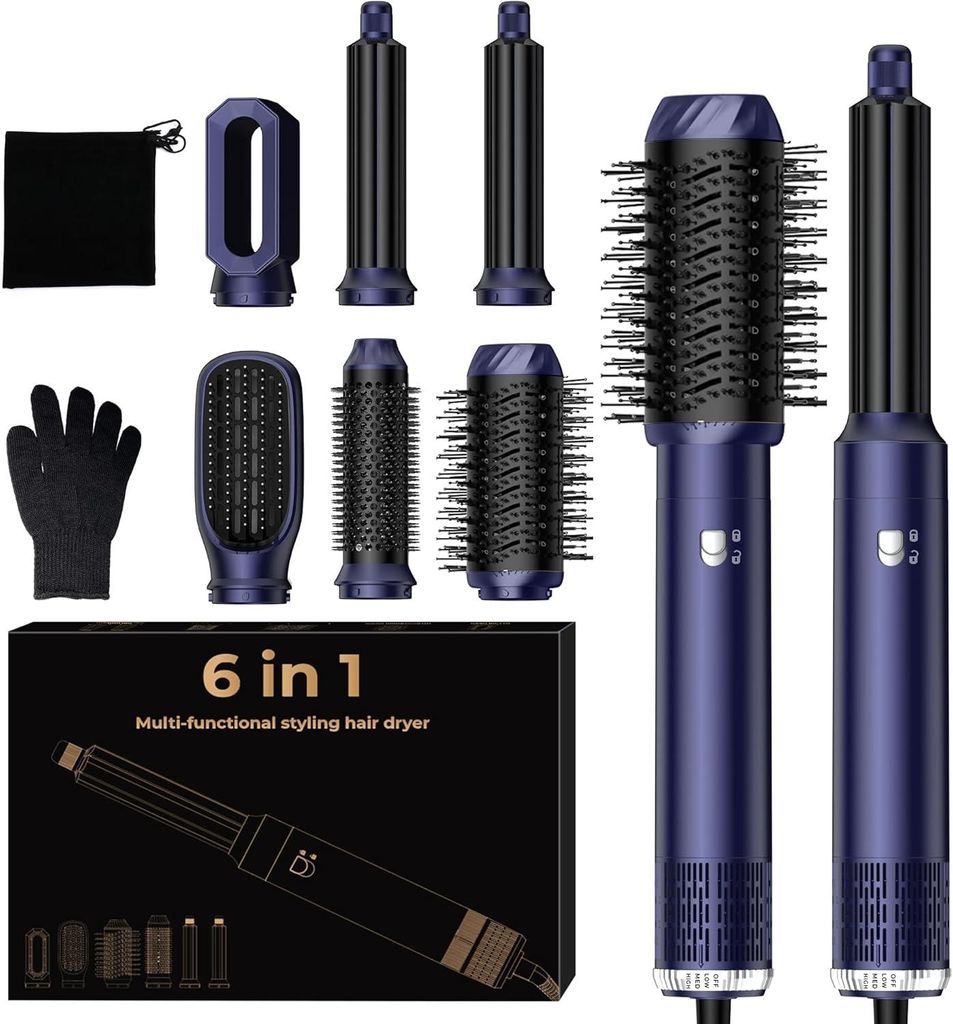 Haartrockner 6 in 1, Multistyler Haarföhn Set mit Luft Lockenstab Automatisch, Rundbürstenföhn, Thermal Brush, Hair Dryer, Warmluftbürste für ...
