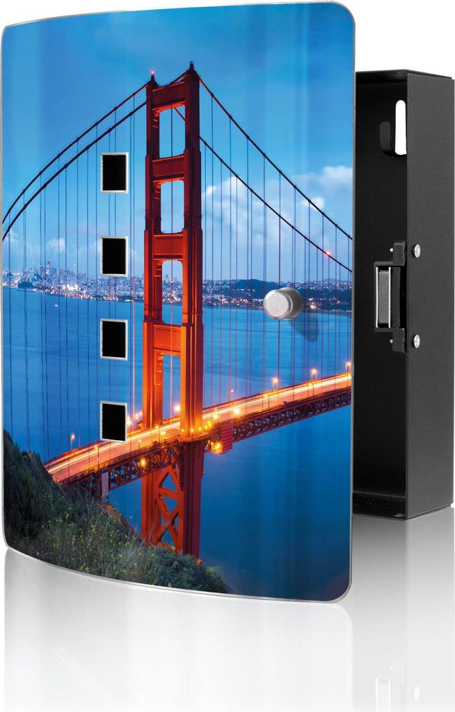 banjado Design Schlüsselkasten aus Edelstahl für 10 Schlüssel, Schlüsselschrank 24 x 21,5 x 7cm groß mit Magnetverschluss, Golden Gate Bridge ...
