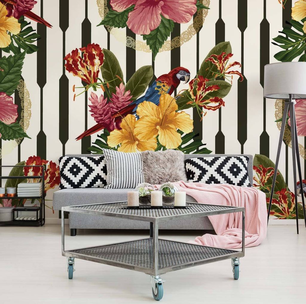 Muralo XXL Vlies FOTOTAPETE Retro Stil PAPAGEIEN Blumen Blaetter (B) 368 cm x (H) 280 cm Tapete Wandtapete WOHNZIMMER SCHLAFZIMMER 5168