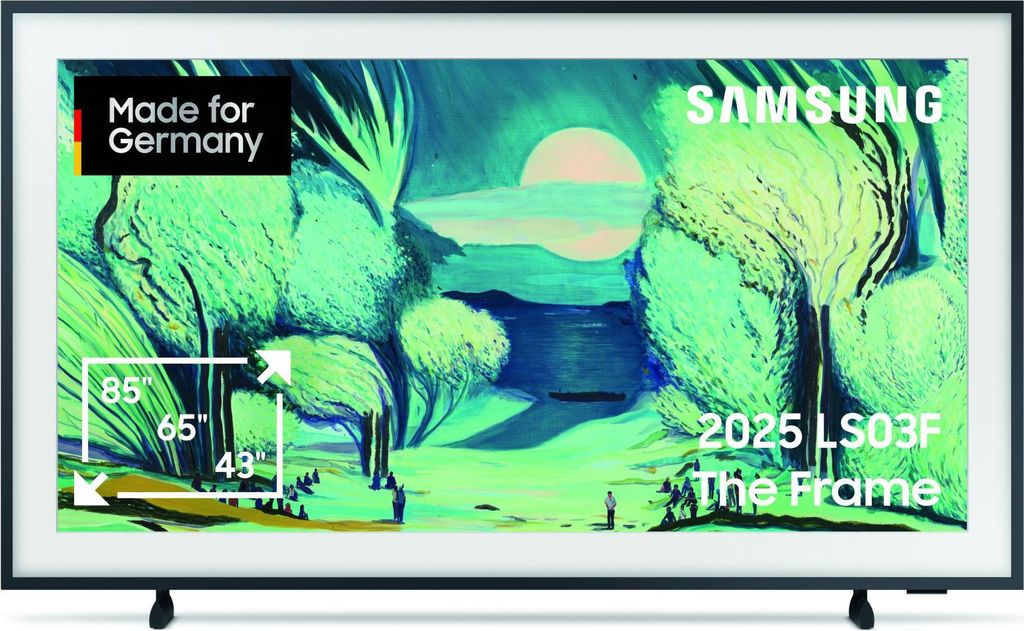 A Samsung TV displaying artwork, with text overlays indicating product information and origin.