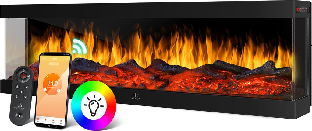 KESSER® Elektrokamin 3D Wandkamin Elektrischer Kamin mit Heizung 9 Farbmodi LED Flammeneffekt, 900/1800 W Kaminofen Wand und Einbaukamin Wandmontage Heizung App-Funktion Fernbedienung