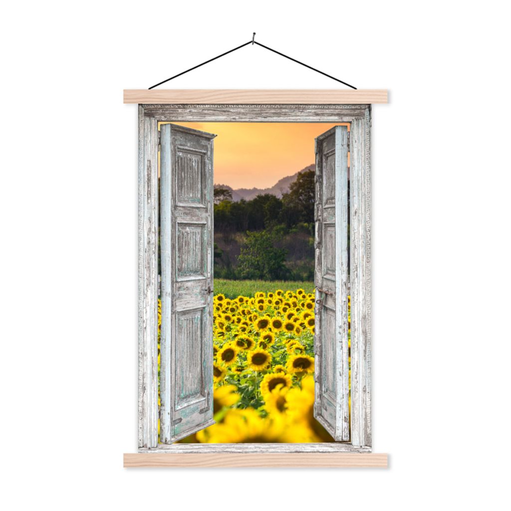 MuchoWow Textilposter Sonnenblume - Abend - Blumen - Ansicht 40x60 cm mit holzfarbenen Rahmen - Poster