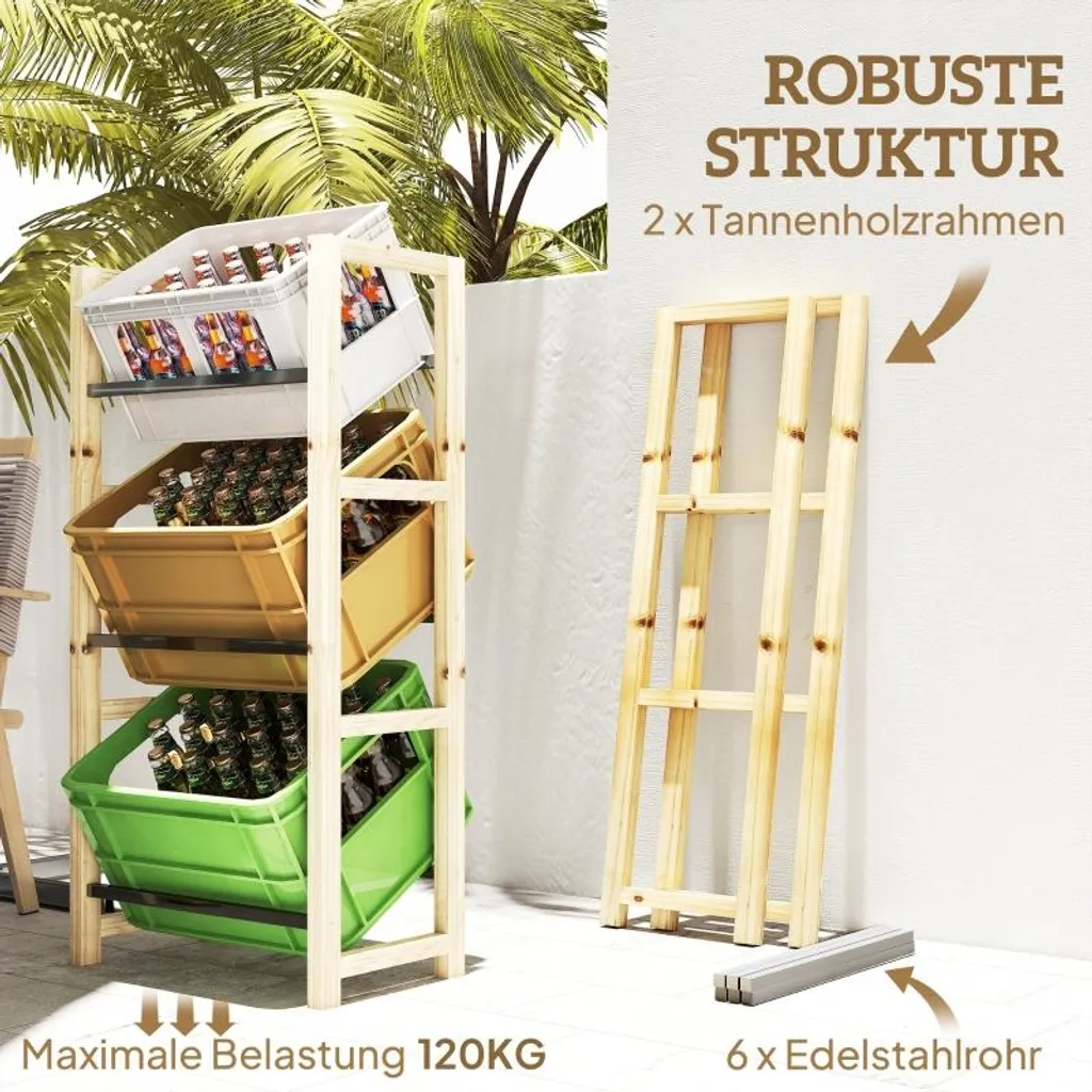 Fortuna Lai Scaffale per 3 casse di bevande Scaffale per bevande in legno Scaffale a 3 ripiani indipendente Supporto per casse di bevande con portata 150 kg Scaffale per birra, acqua 56 x 32 x 112 cm Legno naturale - 5