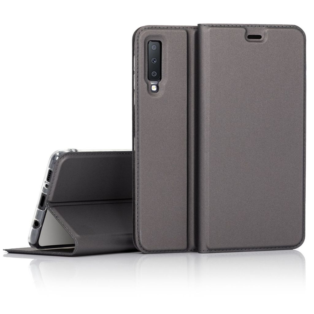 NALIA Handy Hülle für Samsung Galaxy A7 2018, Slim Kickstand Flip Case Cover Schwarz