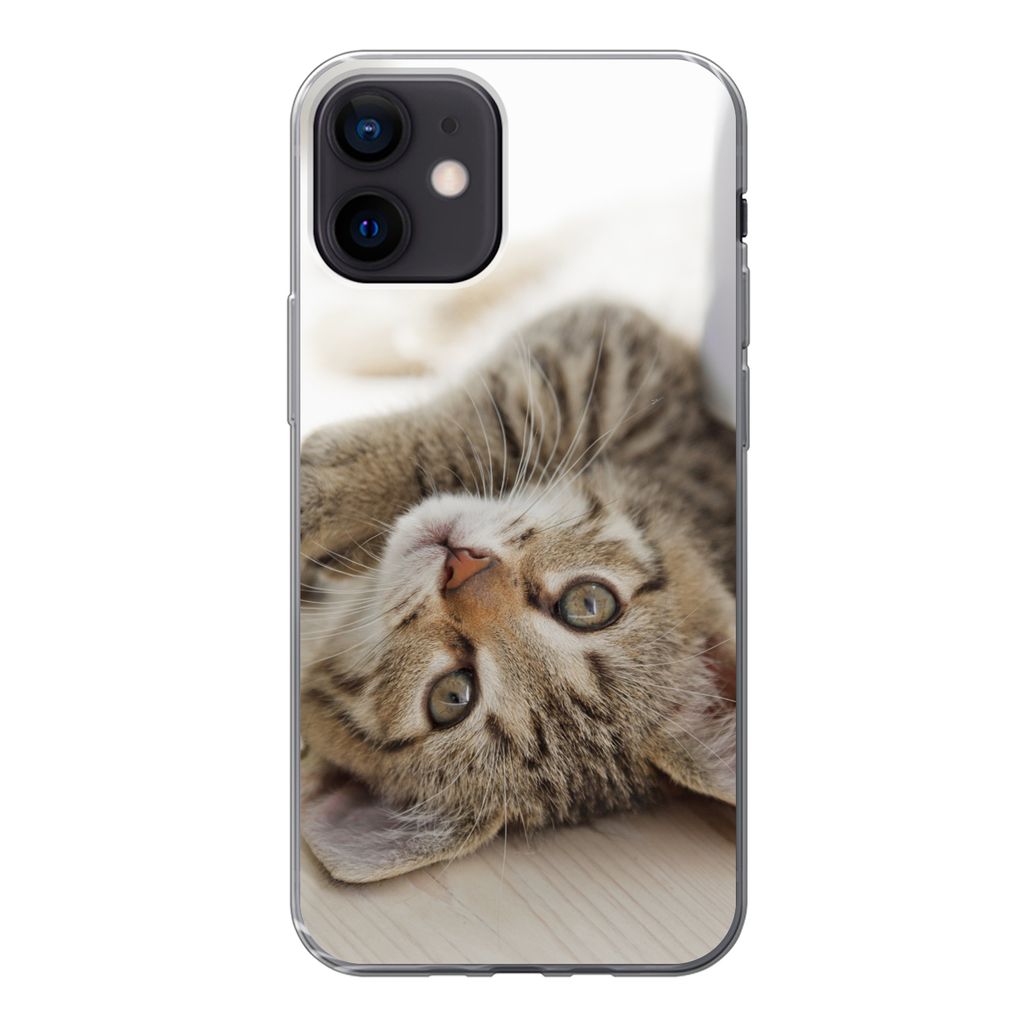 MuchoWow Handyhülle Schutzhülle Hülle für iPhone 12 Kätzchen - Sonne - Braun - Mädchen - Kinder - Jungen - Kind Silikon Softcase Handy Hül...