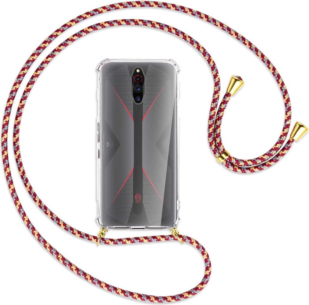 Handykette Backcover-Schutzhülle mit Band (Metall goldfarben) für ZTE Nubia Red Magic 5G - weinrot/gelb/grau