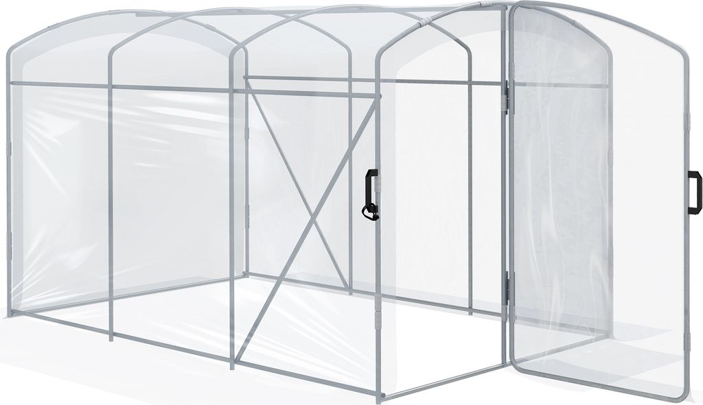 A clear, studio shot of a greenhouse structure.