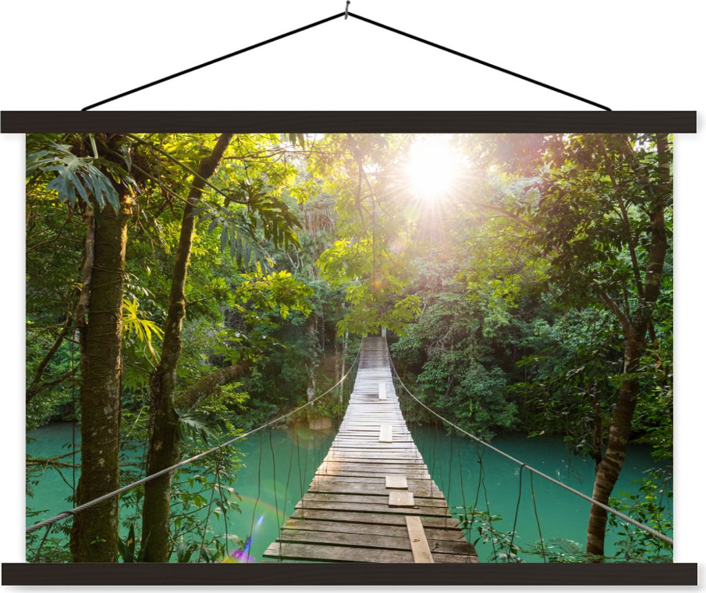 MuchoWow Textilposter Dschungel - Wasser - Brücke - Natur - Pflanzen 60x40 cm mit schwarzem Rahmen - Hölzernes