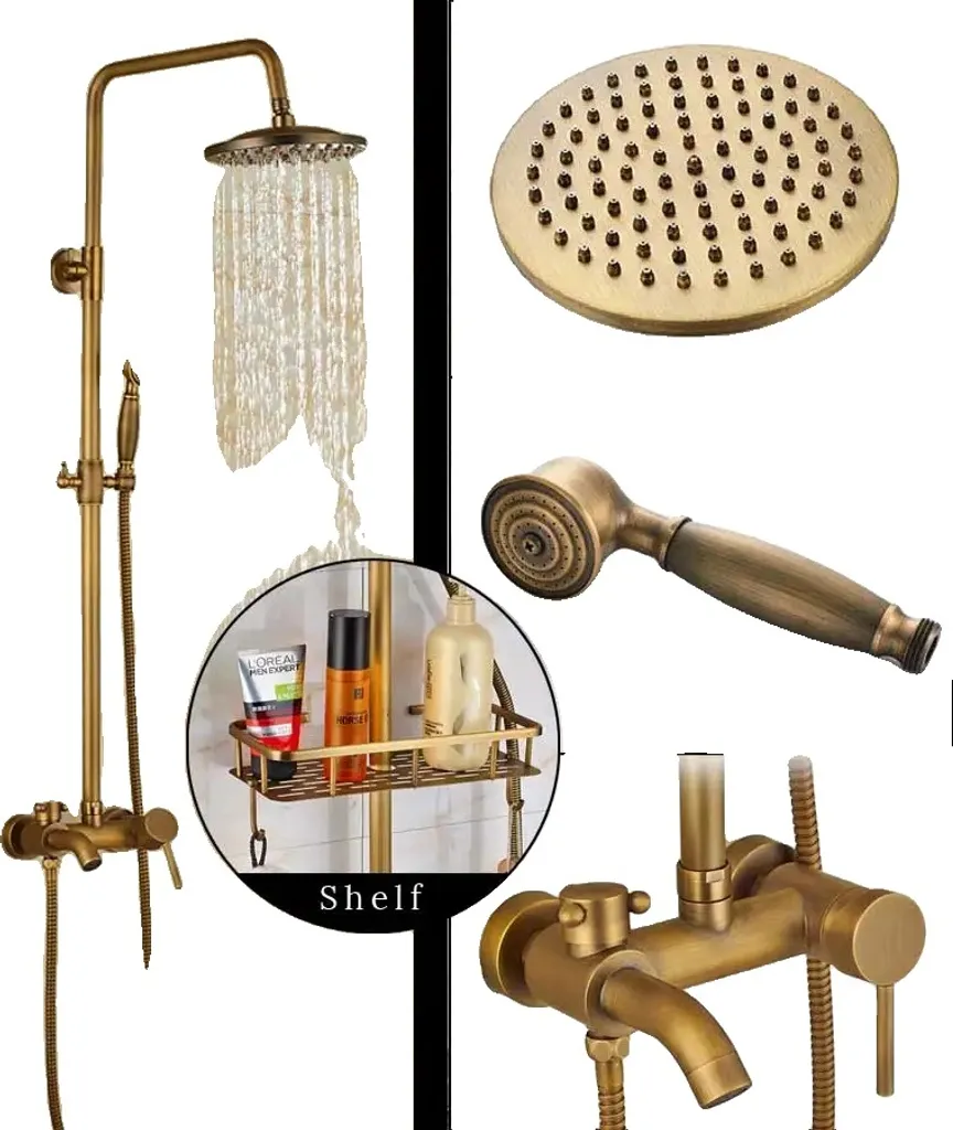 Set Doccia Ottone Antico 200mm | Colonna Regolabile Retro con Mensola