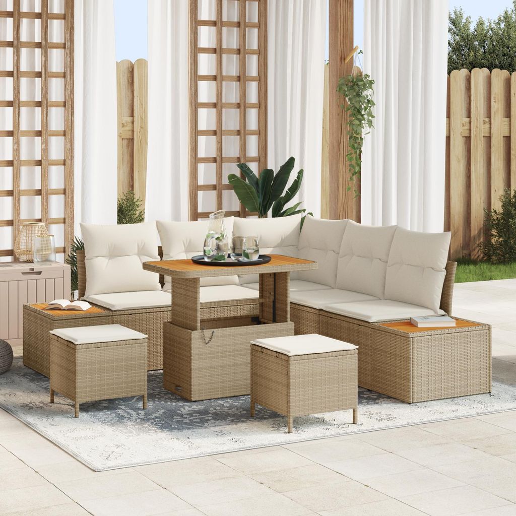 Möbel 8-teiliges Garten Sofa Set mit Kissen Beige Poly Rattan Akazie - Gartensofas 3364866