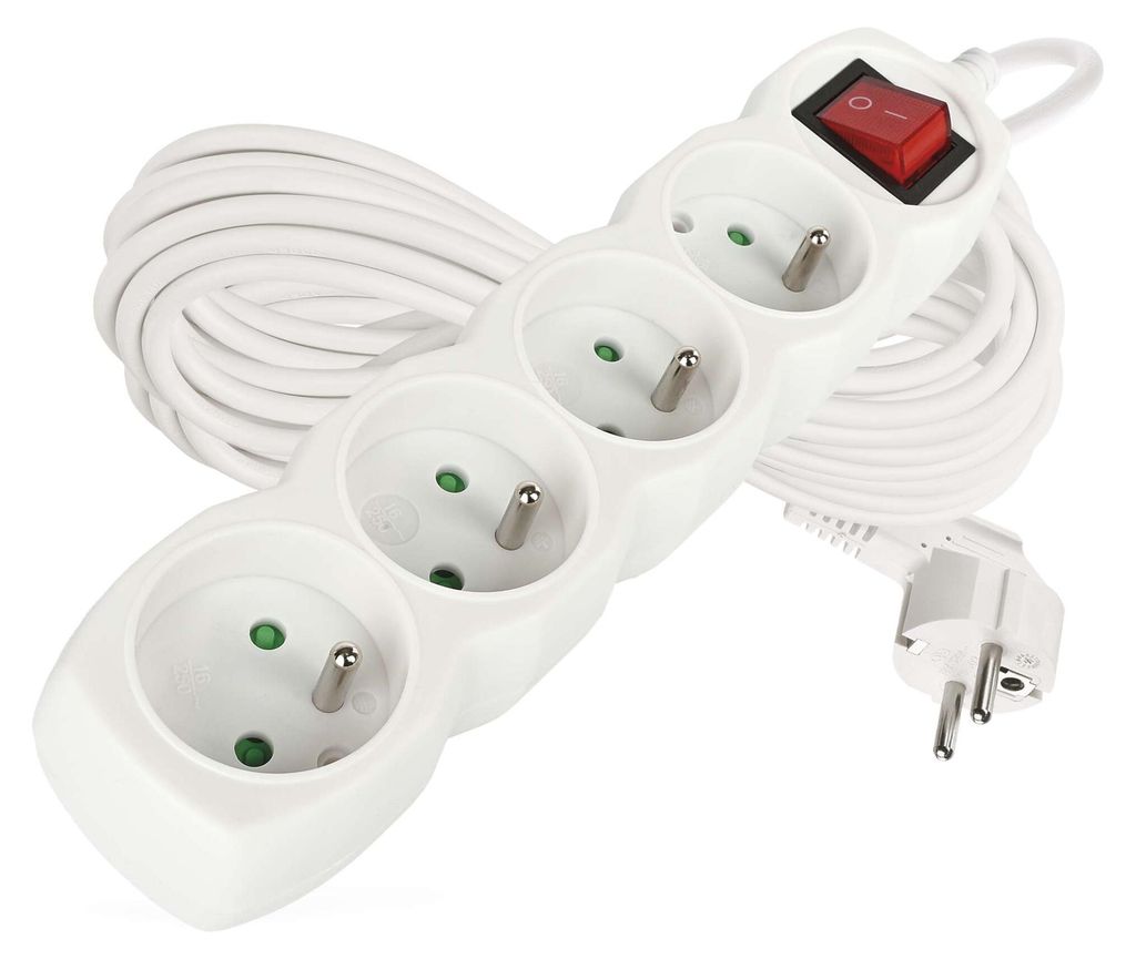 Prodlužovací kabel 10 m / 4 zásuvky / s vypínačem / bílý / PVC / 1 mm2