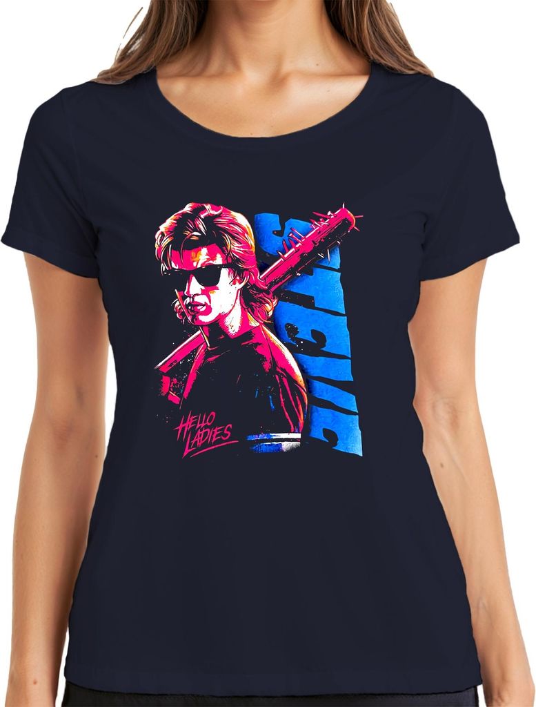 Hello Ladies 80er Neon Retro Sonnenbrille Stachelkeule Steve Damen T-Shirt, Navy, XL