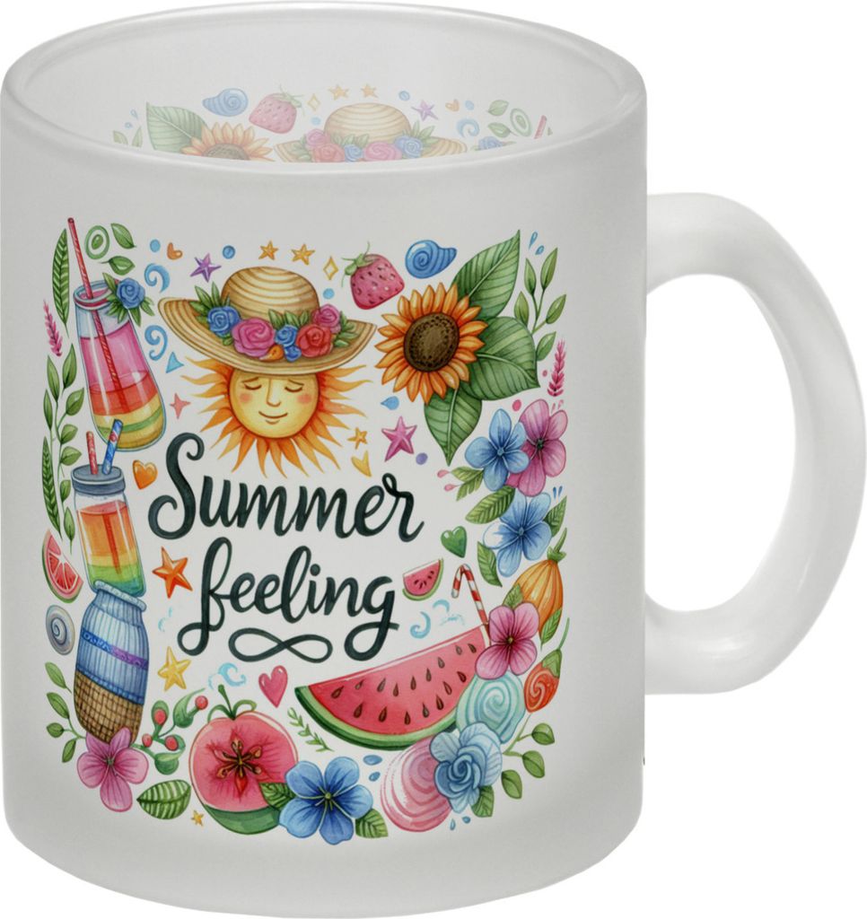 Sonne und Sommer Glas Tasse mit Spruch Summer feeling
