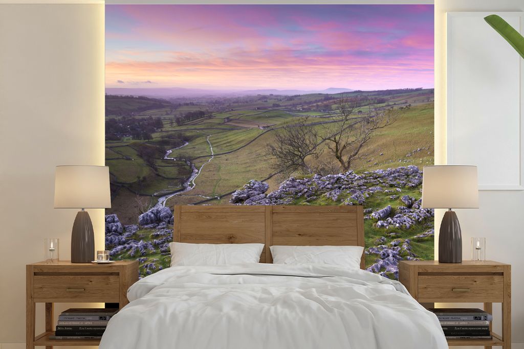 MuchoWow Fototapete für Wohnzimmer oder Schlafzimmer Wandtapete Vinyl Motivtapete Kalkstein in der Landschaft des Yorkshire Dales National Park ...