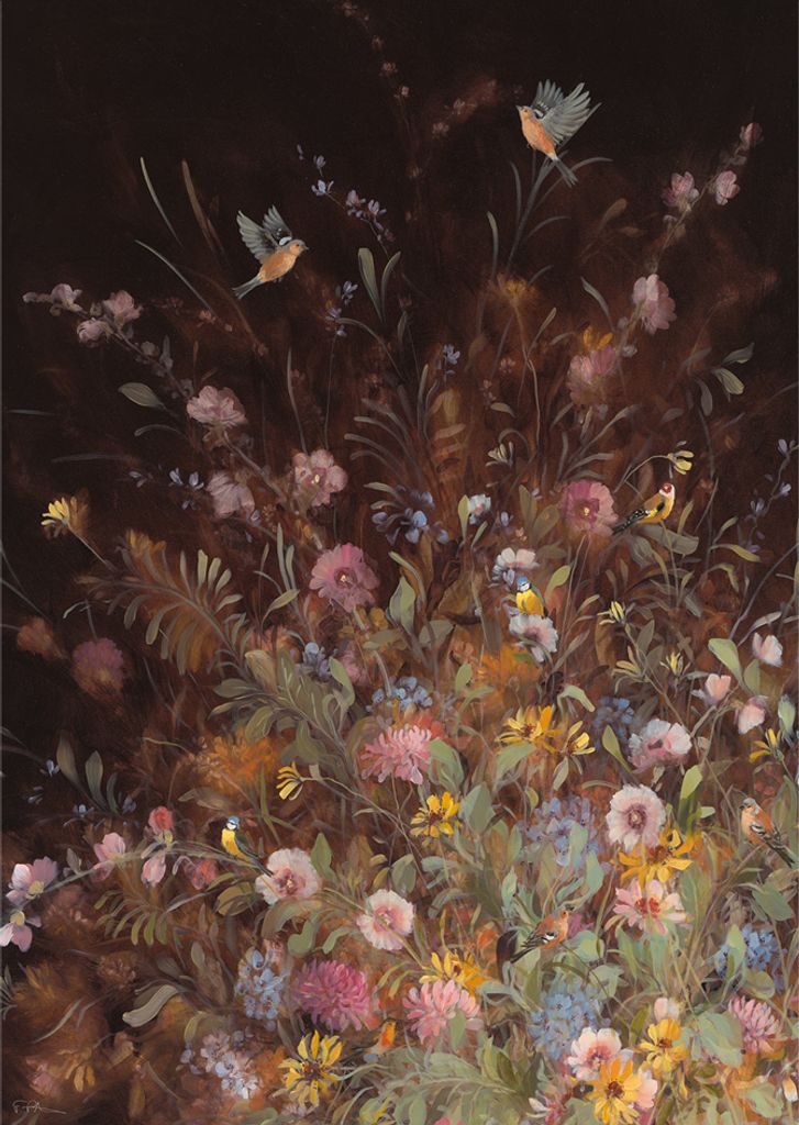 Fletcher Prentice - Leinwanddruck "Hollyhock Chaffinches" PM11903 (85 cm x 120 cm) (Bunt)