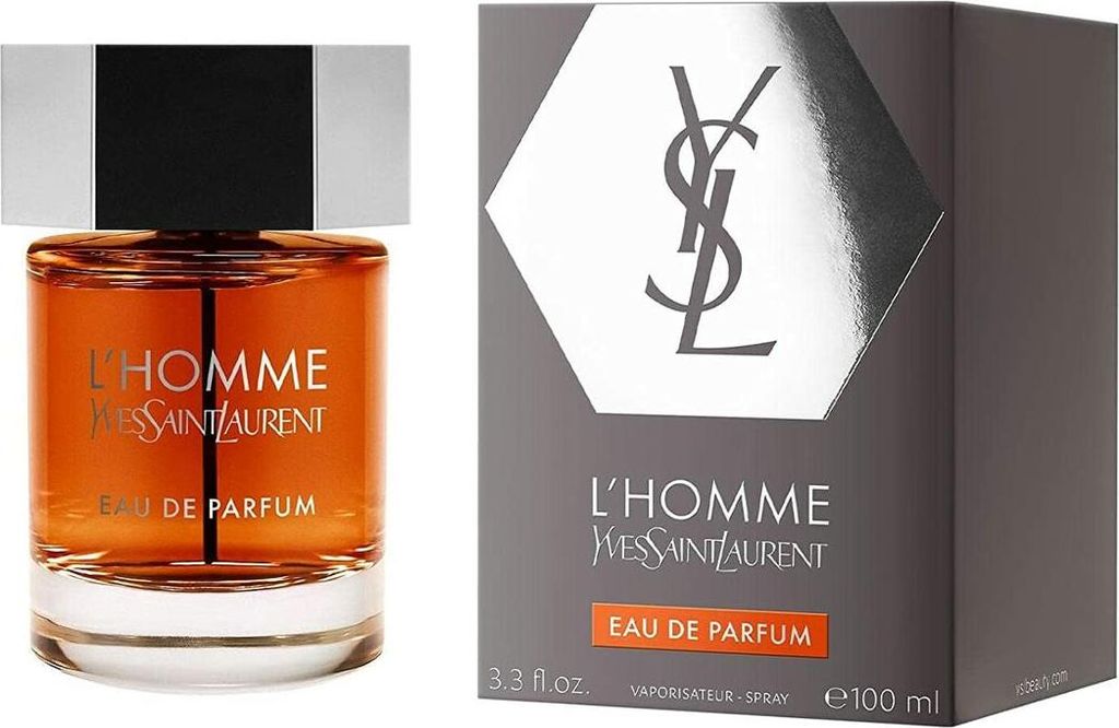 A bottle of Yves Saint Laurent L'Homme Eau de Parfum and its packaging are displayed side-by-side against a white background.
