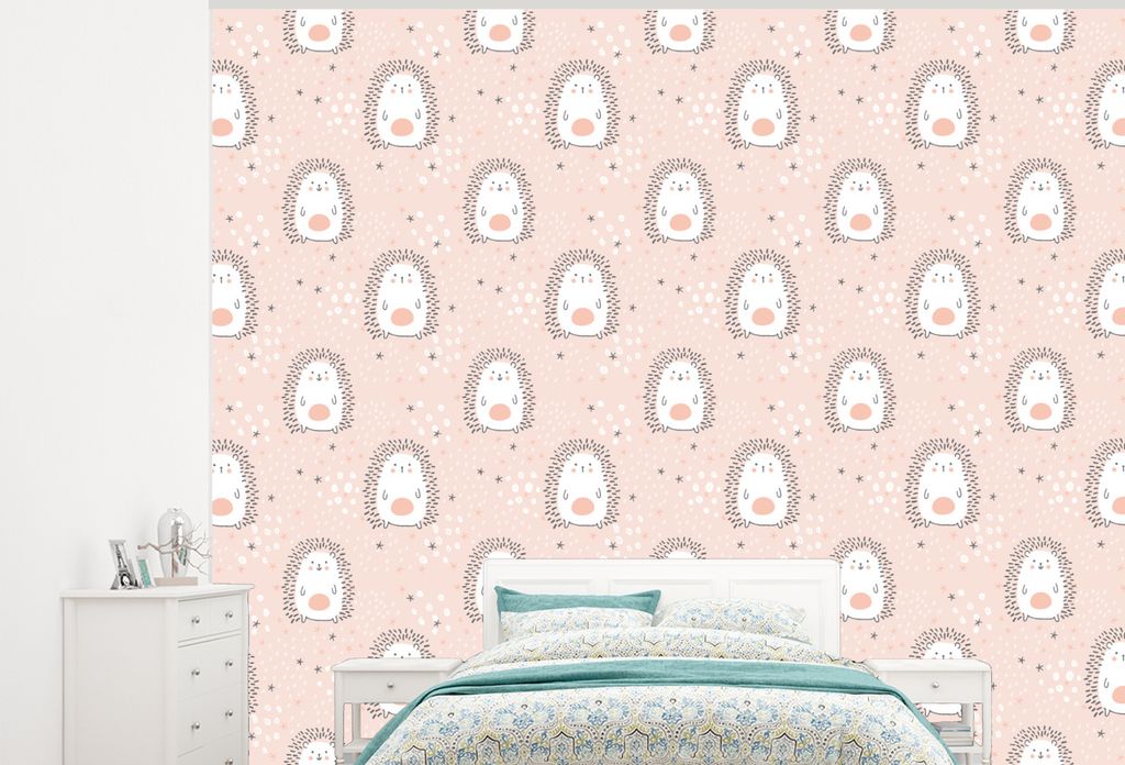 MuchoWow Fototapete für Wohnzimmer oder Schlafzimmer Wandtapete Vinyl Motivtapete Igel - Pastell - Kinder - 375x300 cm - Tapezierpapier