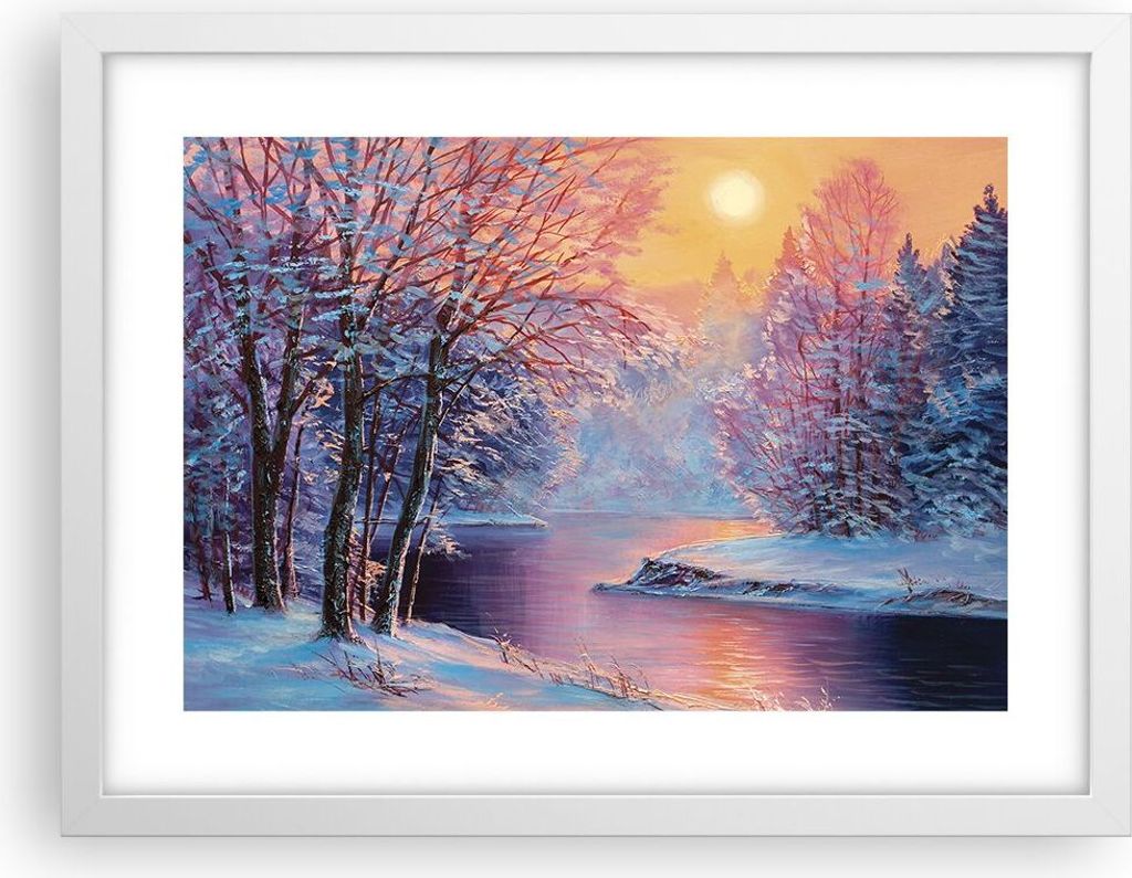 Gerahmtes Poster - Weißer Rahmen - Öl Winter Fluss - 40x30 cm - Wand Bild - Wanddeko - Wandbilder - Kunstposter - Wandposter - Bilderrahmen - Bil...