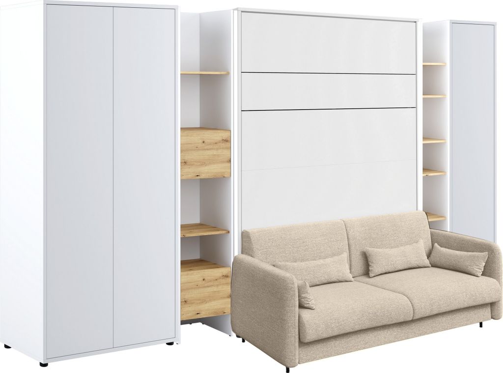 Schrankbett mit sofa Bed Concept 140x200 cm Lenart Led Beleuchtung Taschenfederkernmatratze Bett im Schrank Klapbett Weiß/Beige