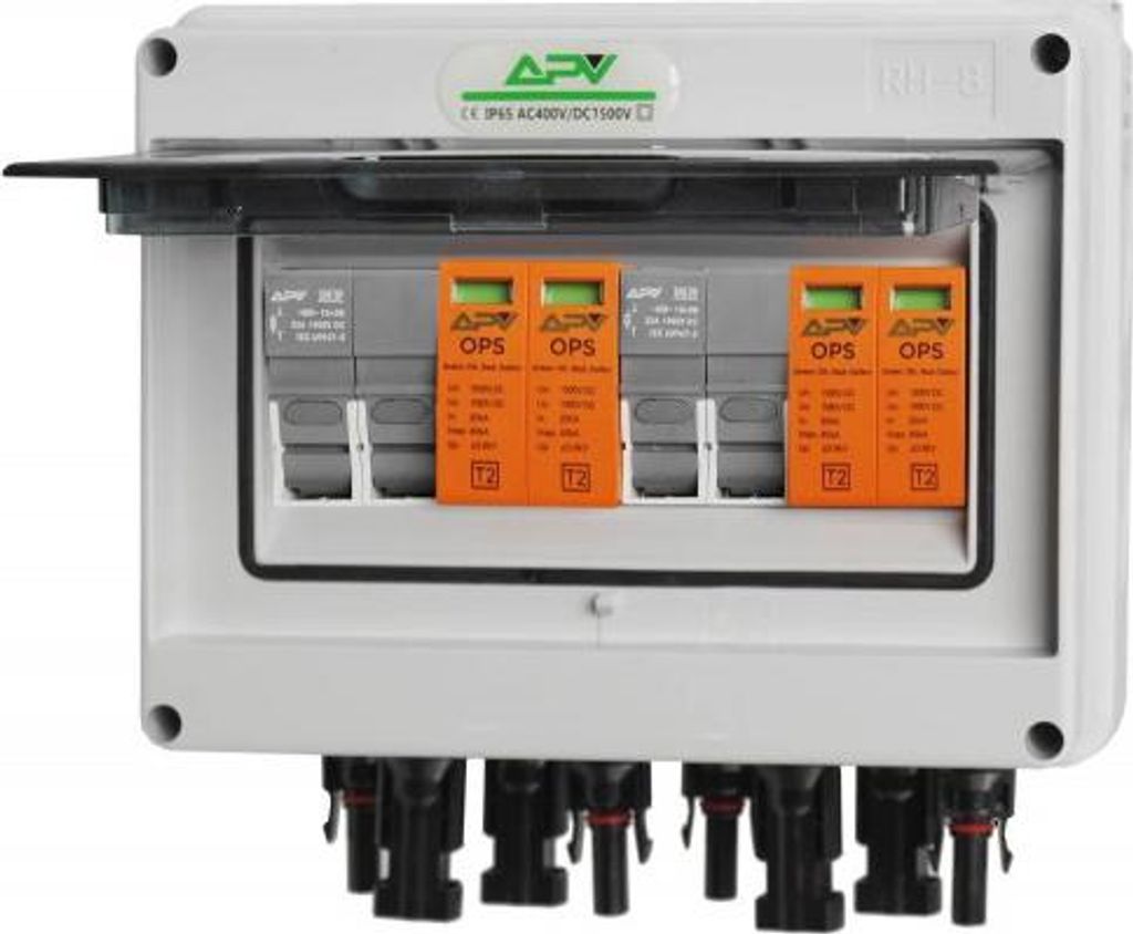 A white electrical enclosure with an open lid, revealing multiple orange and gray components inside, and black connectors at the bottom.