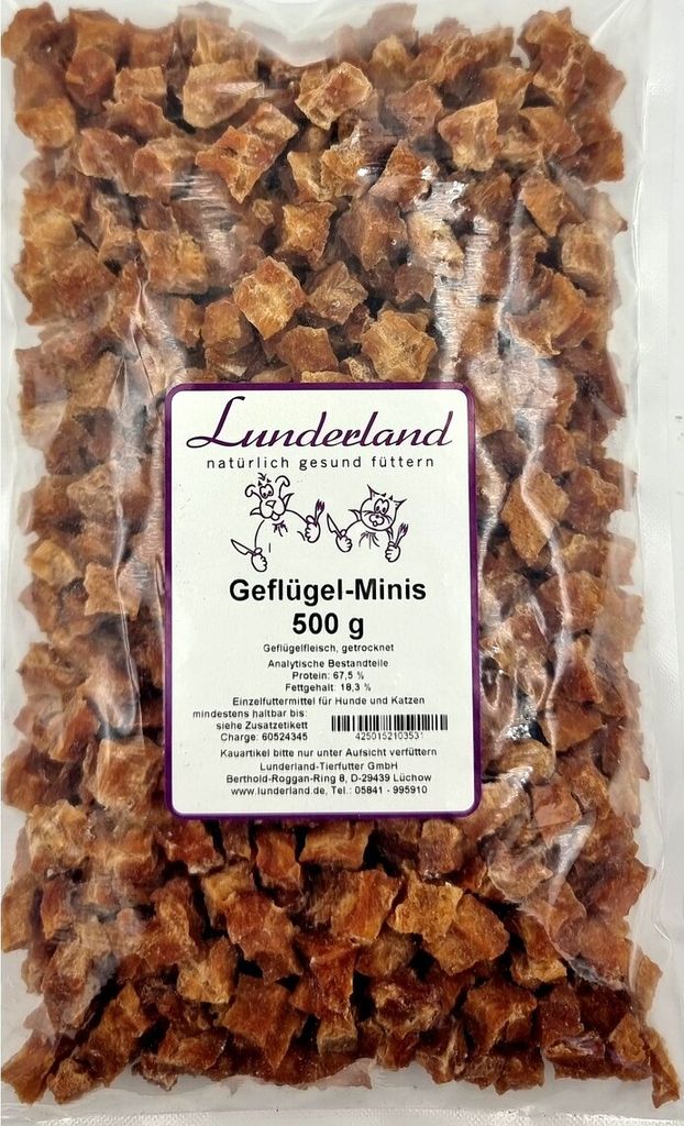 Geflügel-Minis 500g / 100% Geflügelfleisch Leckerli für Hund und Katze von Lunderland