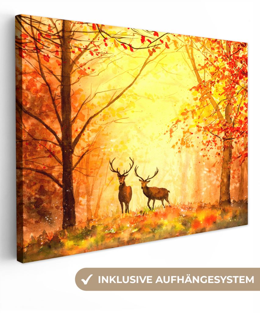MuchoWow - Leinwandbilder - Natur - Ölfarbe - Hirsche - Tiere - Herbst - Orange, Wandbild, Wanddeko Bilder Wohnzimmer, 80x60 cm