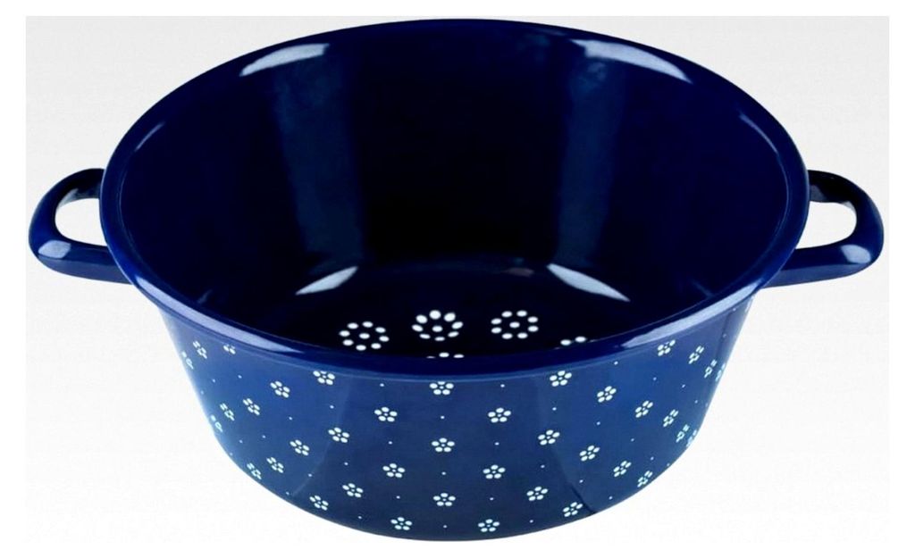 Gemüsesieb 26 cm, COUNTRY - DIRNDL, Durchmesser 26 cm, Höhe 11,5 cm, Emaille, blümchenblau, blau/weiß
