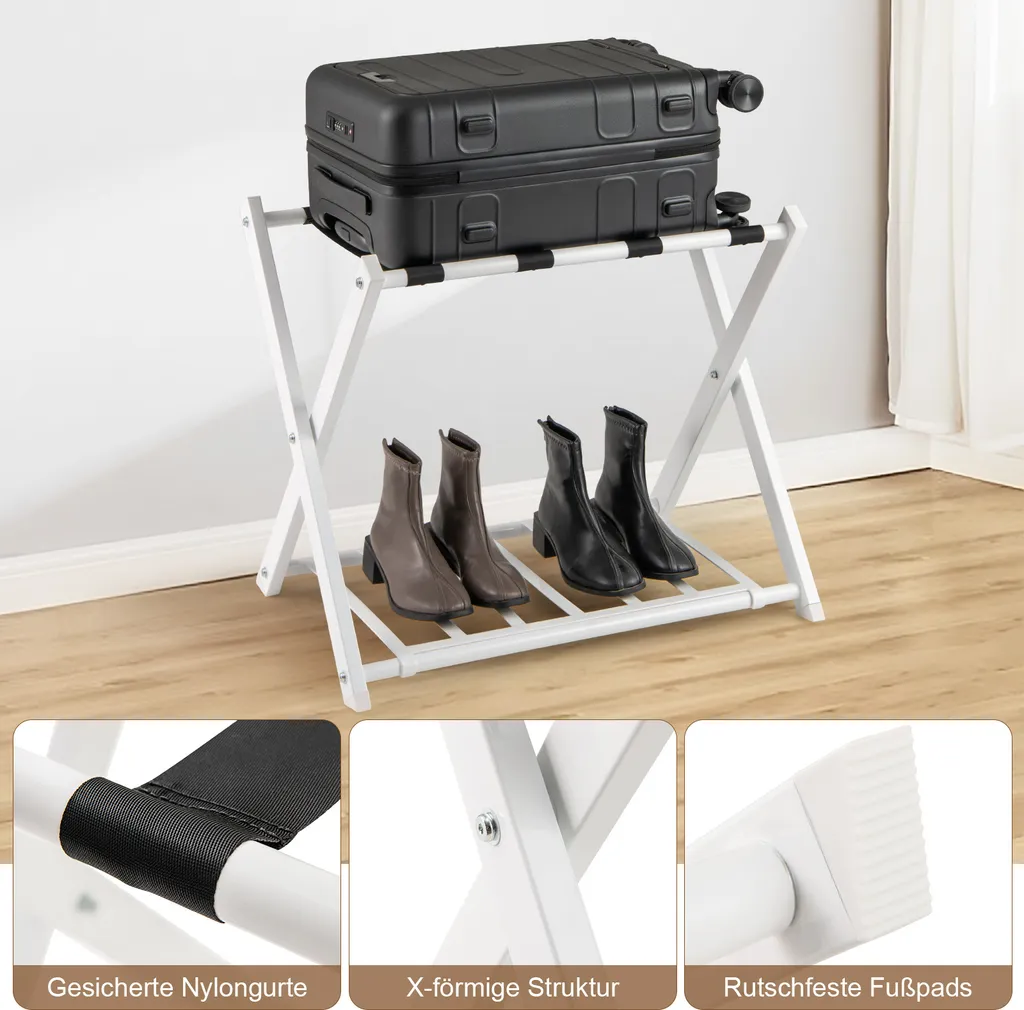 COSTWAY Support à Bagages Pliable Blanc avec Rangement à 2 Niveaux - 7