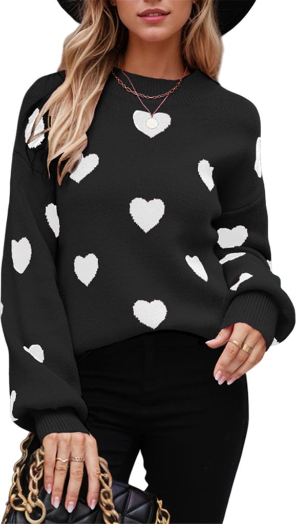 ASKSA Damen Pullover Rundhals Herz Grafik Strickpullover Langarm Winter Strickpulli Casual Herzdruck Strickpullover (Schwarz,XL)