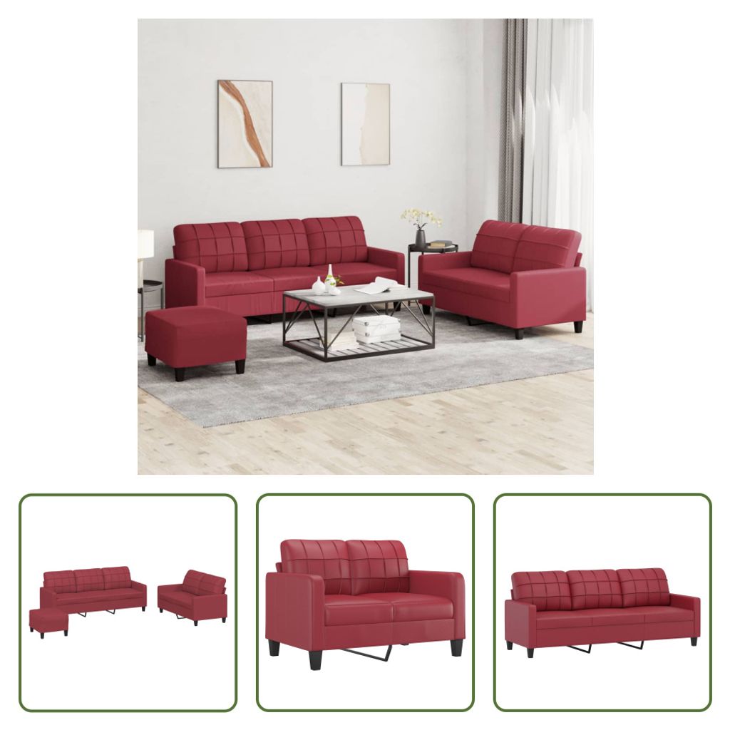 The Living Store 3-tlg. Sofagarnitur mit Kissen Weinrot Kunstleder