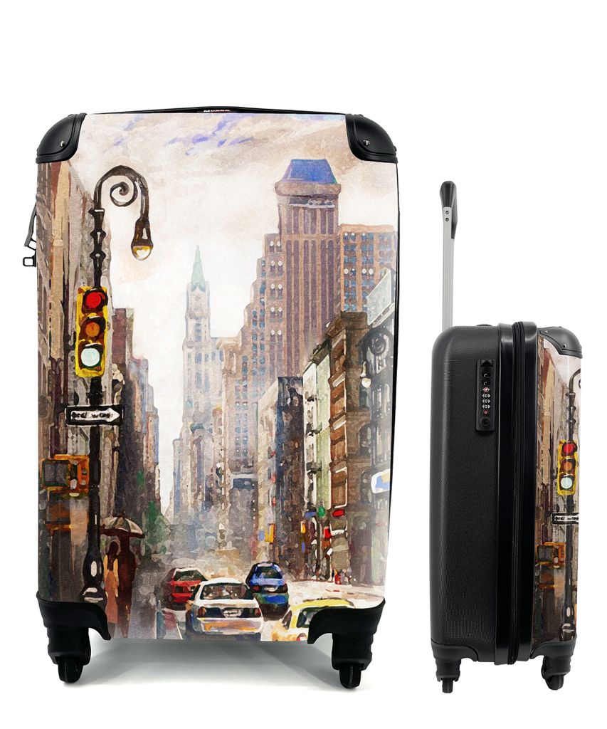 MuchoWow Koffer Handgepäck Trolley Rollkoffer Kleine Reisekoffer mit 4 Rollen - Gemälde - Stadt - Auto - Öl - Cabin Size < 55x40x23 cm & 55x40...