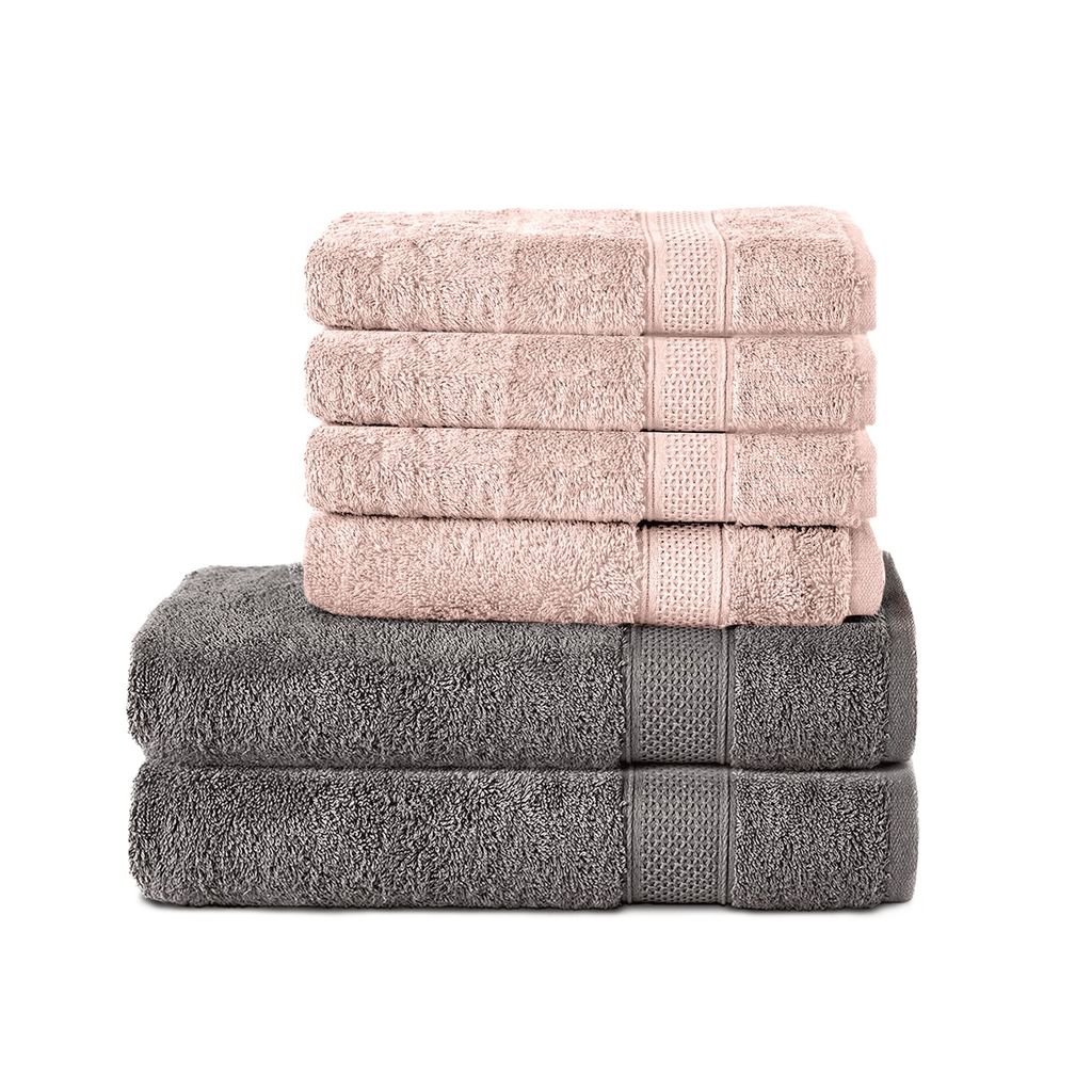 Komfortec 6er Handtuch Set aus 100% Baumwolle, 2er Badetücher 70x140 cm und 4er Handtücher 50x100 cm , Frottee, Weich, Anthrazit Grau/Rosa