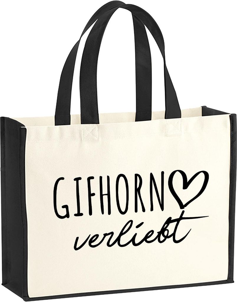 Huuraa Jutetasche Gifhorn verliebt 21 Liter Black Jute und Baumwolle Einkaufstasche Geschenkidee