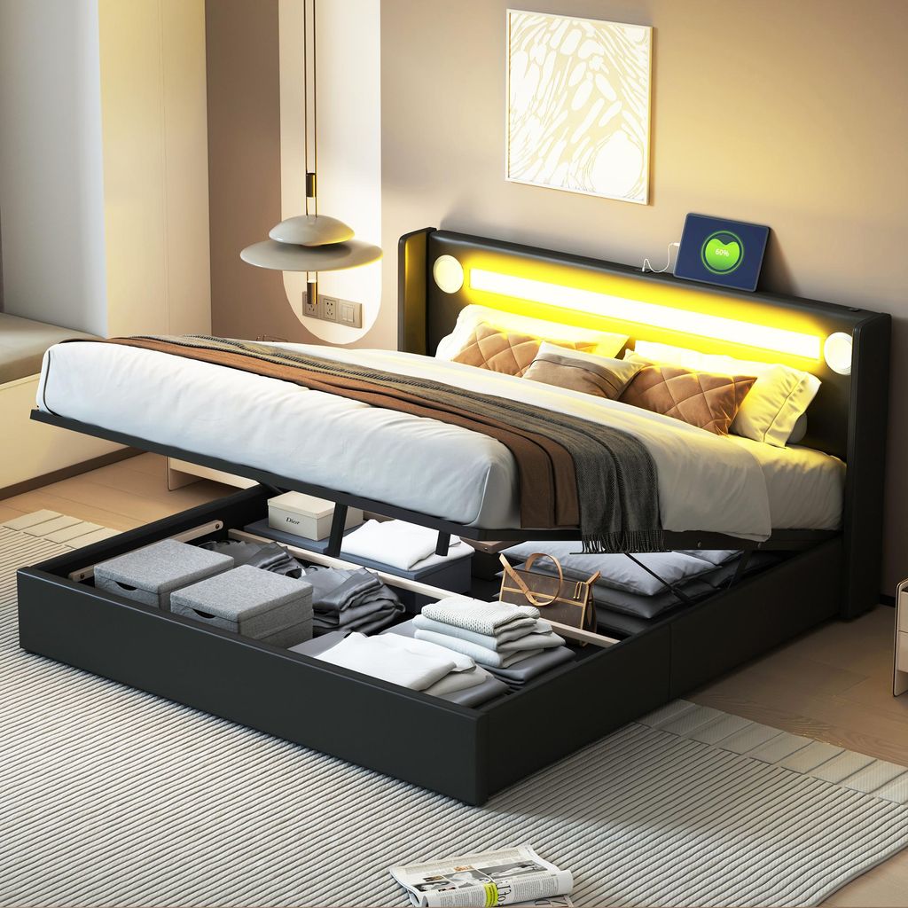 Polsterbett 160x200 Bett mit LED-Lichtleiste, Bluetooth-Player und USB-Aufladung, Stauraumbett, Doppelbett , Schwarz